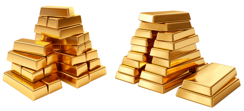 Stackof gold stack bars isolated on transparent background PNG. Generative AI