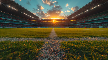 Majestic Sunset View Over an Empty Soccer Stadium With Lights On. AI. - obrazy, fototapety, plakaty