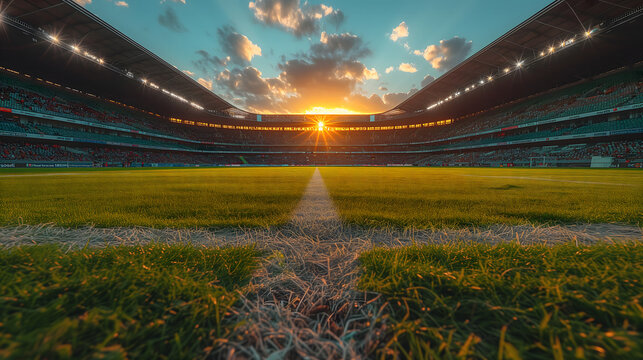Majestic Sunset View Over an Empty Soccer Stadium With Lights On. AI.