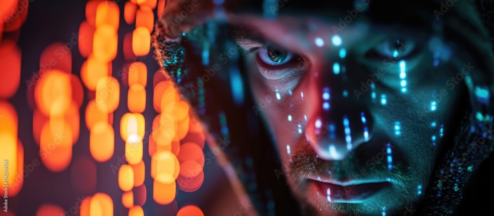 Poster hacker stealing data, close-up view.