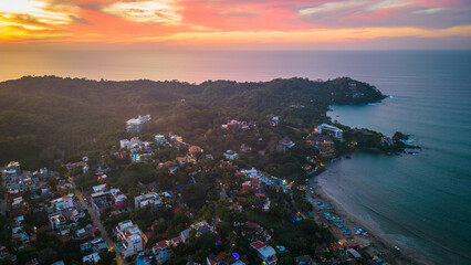 Sayulita Mexico town in riviera Nayarit travel destination for surf real estate land for sale aerial at sunset - obrazy, fototapety, plakaty