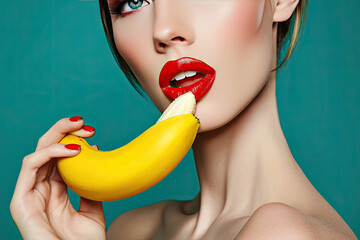 woman with red lips taking a bite from yellow banana - obrazy, fototapety, plakaty