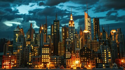 Cityscape of a modern metropolis at night in reduced scale