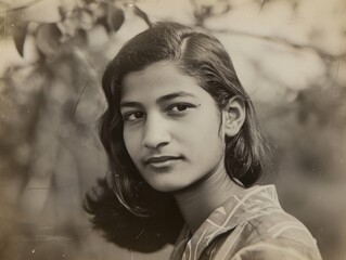 Photorealistic Teen Indian Woman with Brown Straight Hair vintage Illustration. Portrait of a person in World War II era aesthetics. Historic movie style Ai Generated Horizontal Illustration.