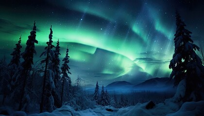 Fototapeta premium View of night sky with multicolored aurora borealis and snowy mountains peak background. Night glows in vibrant aurora reflection on the lake with forest. 