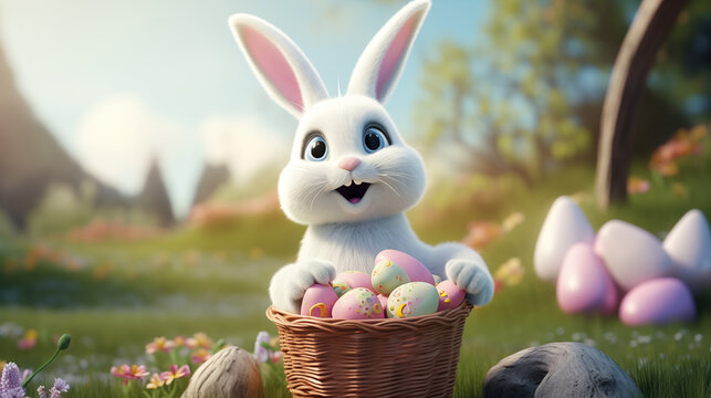 Happy Easter. cartoon White Easter bunny with basket and painted eggs.