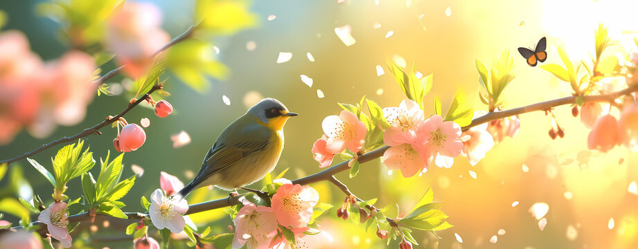  bird on floral branch in spring on  background. Beautiful floral spring abstract nature background.