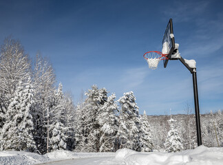 Driveway portable basketball hoop after a snow storm in Muskoka under beautiful blue sky © kburgess