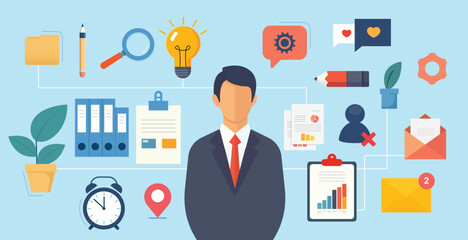 Professional Businessman Surrounded by Symbols of Productivity and Management Tools. Vector Illustration.