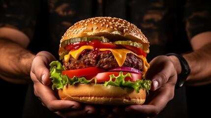 Delicious juicy hamburger (cheeseburger, burger) with cheddar and vegetables in male hands, fast food nutrition, unhealthy food concept.

 - obrazy, fototapety, plakaty