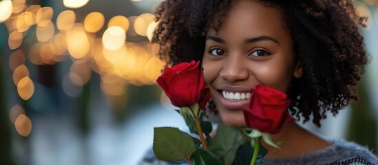 Happy African American woman receiving red roses from a man on Valentine's Day.