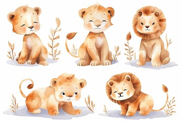 Watercolor set of cute safari lion in different poses. White background, light pastel colors