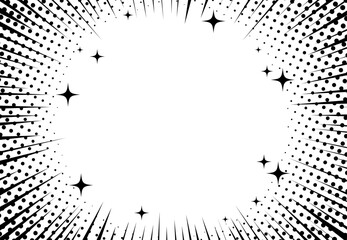 Manga anime action frame with action lines, halftone shading, and sparkling stars. Dynamic energy and excitement backdrop in a black and white graphic style.