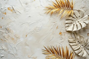 White cardboard for wedding cards, gold leaf palms, boho, background