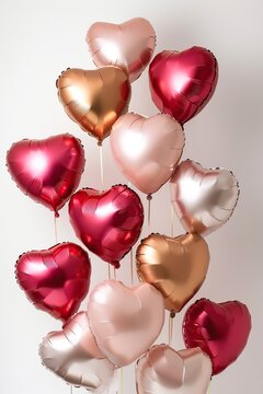 Floating Pink, Red and Gold Real Metallic Balloons Hearts on a White background, for Love Themed Events and Valentine's Greetings