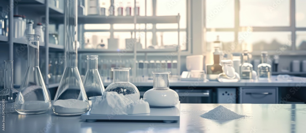 Poster chemistry lab with powder container and solution flask.