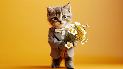 a kitten stands on two feet, dressed in a suit and holding a daisy bouquet on a yellow background