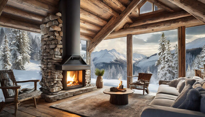 cozy fireplace in a mountain cabin, with rustic furnishings, wooden beams, and snowy landscapes visible through the windows