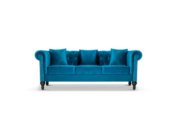 Blue quilted fabric classic sofa isolated on white background.