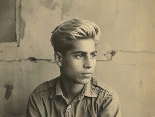 Fototapeta premium Photorealistic Teen Persian Man with Blond Straight Hair vintage Illustration. Portrait of a person in World War II era aesthetics. Historic movie style Ai Generated Horizontal Illustration.