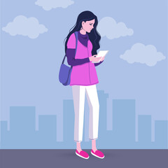 Sad woman walks through the city. Holds paper with documents or letter and bag in his hands. She is victim of violence and seeks social protection, support. Death of loved one. Flat illustration