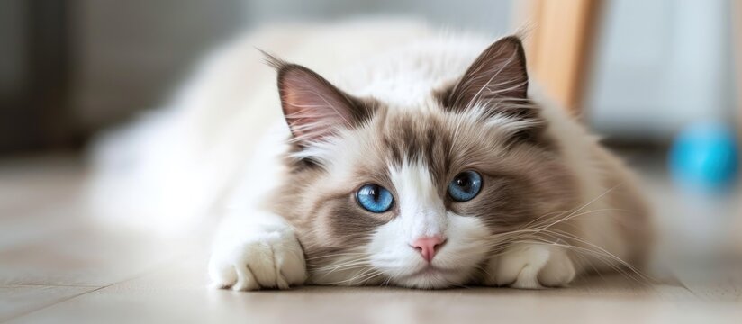Fluffy purebred Ragdoll cat with blue eyes, laying on the floor and staring.