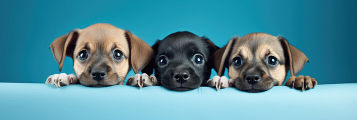 Obraz premium Three cute dogs with their heads visible on a blue background