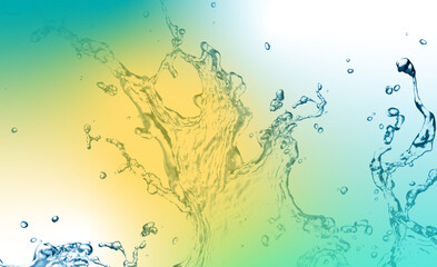 Water splash isolated on blue and yellow background. Transparent blue water splashes and wave with drops. sea or ocean waves and swirl. Blue water splashs. Water splashs on white background.