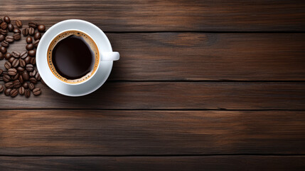 Top view photo of coffee close-up, wooden copy space