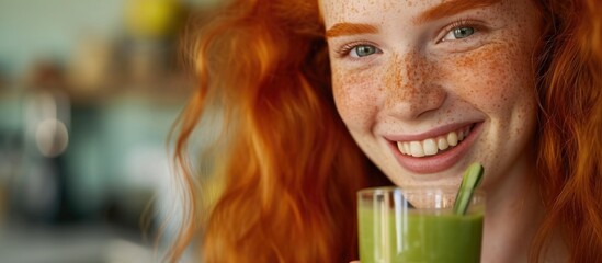 Freckled redhead with a toothy smile pouring veg juice into a glass.