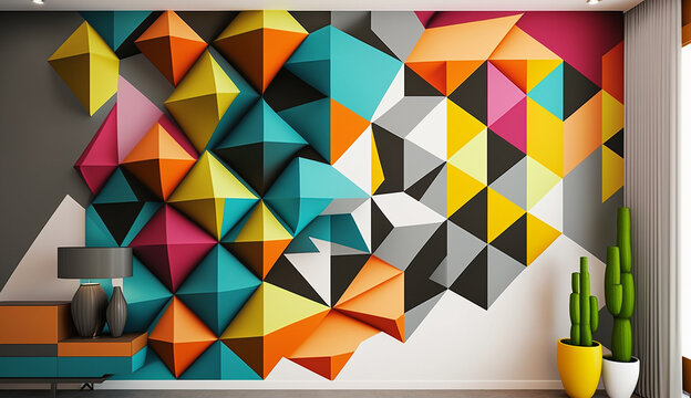 House vibrant geometric wall paint interior design