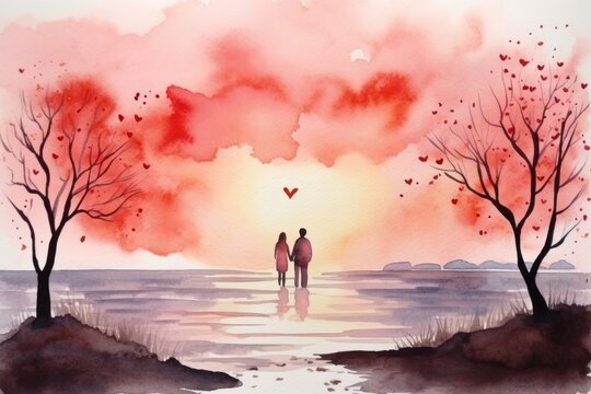 A couple in love against an abstract watercolor background in pink and light blue tones, embracing happily, symbolizing romance and happiness.