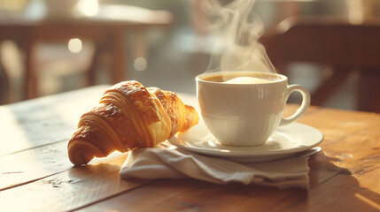 A croissant paired with a cup of a coffee on a cozy table, National croissant day