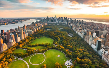 Aerial Helicopter Photo Over Central Park with Nature, Trees, People Having Picnic and Resting on a Field Around Manhattan Skyscrapers Cityscape. Beautiful Evening with Warm Sunset Light - obrazy, fototapety, plakaty