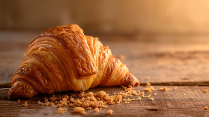Freshly baked croissant on a rustic wooden surface. Crumbs scattered around. National Croissant day