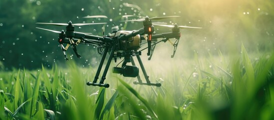 An industrial drone boosts productivity in agriculture by spraying useful pesticides and eradicating harmful insects.