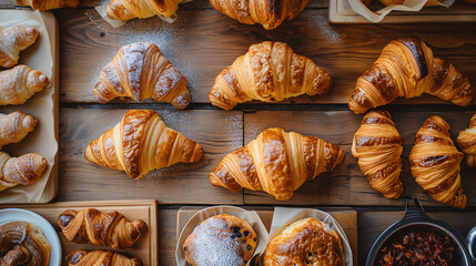 Variety of croissants displayed on a wooden bakery counter with diverse textures and shapes