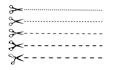 Set of black scissors with cut lines. Scissors cutting. Editable stroke. Vector set of cutting scissors. Paper cut icon with dotted line.  