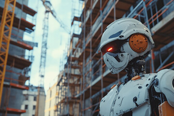 A humanoid robot in worker clothing, at a construction site Surrounded by machinery and structures.