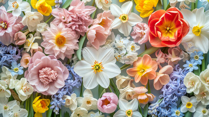 Obraz na płótnie Canvas Variation of spring flowers tulips, hyacinths, daffodils. Floral background