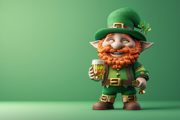 Irish leprechaun with a red beard in a green suit and hat with a glass of beer in his hand on a green background. St Patrick day concept. Copy space. - obrazy, fototapety, plakaty