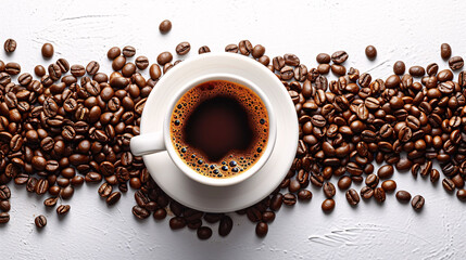 Naklejka premium Coffee cup and coffee beans isolated on white background. Top view.