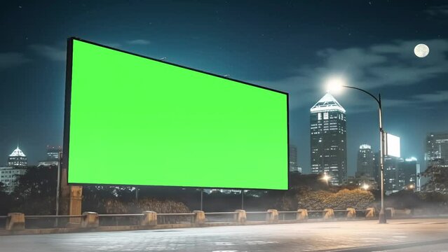 Blank green screen billboard with cityscape background at day time street advertising video mockup