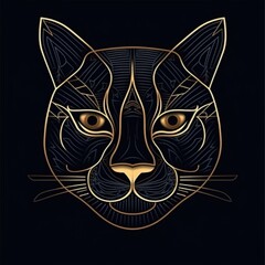 Line art logo beautiful dark cat head golden lines black background