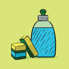 plastic bottle with detergent and sponge. Concept isolated. Flat cartoon style vector