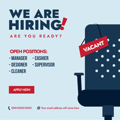 We are hiring. We are hiring announcement banner having empty office chair with vacant sign on it. Hiring post for graphic designer, content writers and marketing managers. Job vacancies post template