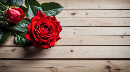 Top view of red rose flower isolated rustic wood background 