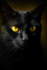 Very close up photo of black cat with yellow eyes