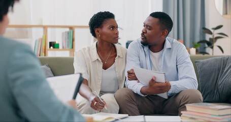 Financial advisor, man and woman on sofa in consultation for home loan application, insurance and talking. Interview, application and black couple on couch with realtor for investment in real estate.