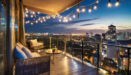 nighttime view of a city apartment balcony, with string lights, comfortable seating, and a skyline illuminated with city lights